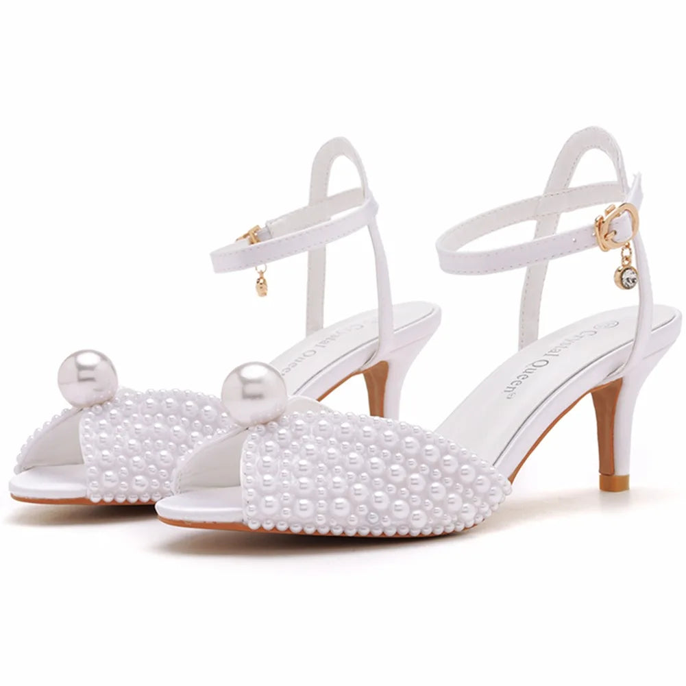 Maogu 6cm Fish Mouth High Heeled Sandals Buckle Wedding Bride Luxury Designer Shoes Heels Pearl Sandal Ladies Shoe Large Size 43