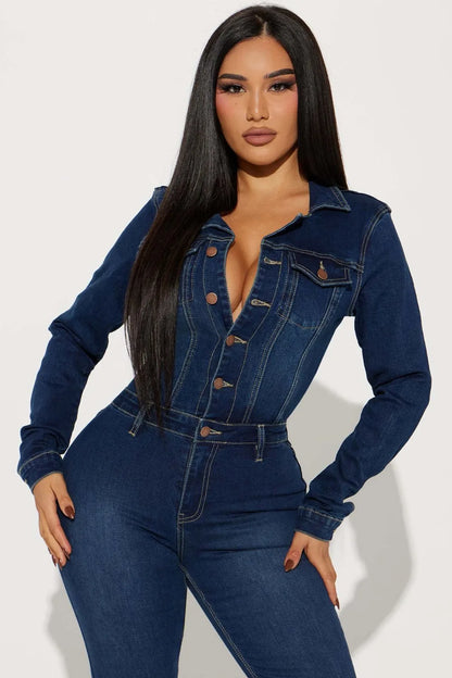 FAGADOER Fashion Denim Elastic Flared Pants Jumpsuits Women Turndown Collar Button Long Sleeve Playsuits Female Cowboy Overalls