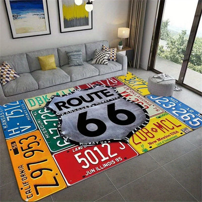 Route 66 License Plate Design Area Rug Durable Polyester Home Decor Living Room Floor Mat Unique Gift Idea