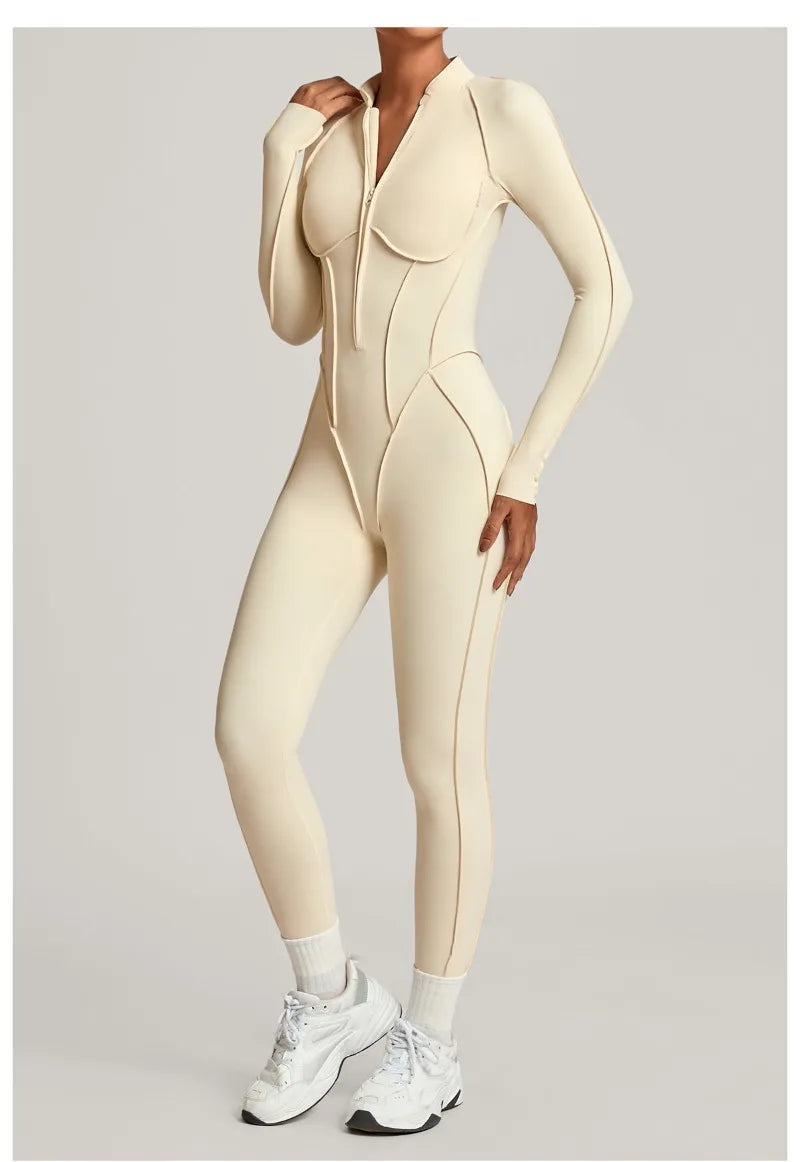 Women's Winter Yoga Jumpsuits Sports Fitness Hip-Lifting Slimming One-piece Zipper Long-Sleeved Outdoor Gym Workout Bodysuits
