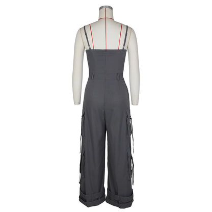 Jumpsuits Women One Piece Cargo Pant Wide Leg Long Pants Loose Casual Sling Sleeveless Overalls Y2k Strapless Solid Rompers