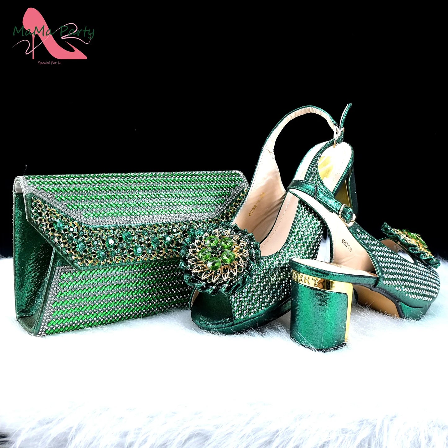 Mature Italian Women Shoes Matching Bag Set in Green Color 7 CM Comfortable Heels with Plaform Elegant Peep Toe Sandals
