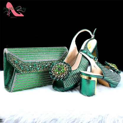 Mature Italian Women Shoes Matching Bag Set in Green Color 7 CM Comfortable Heels with Plaform Elegant Peep Toe Sandals