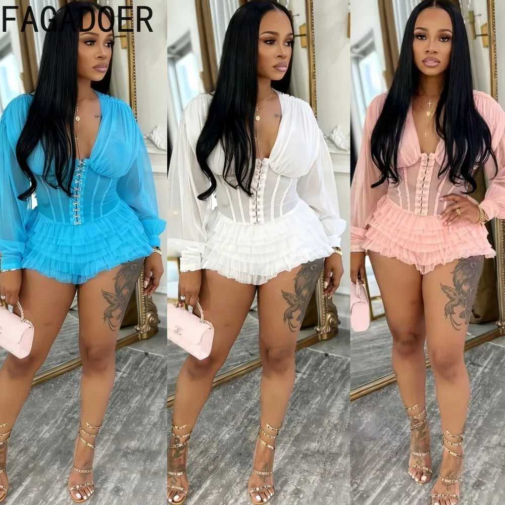 FAGADOER Sexy Mesh Ruched Patchwork Bodycon Rompers for Woman Solid Color See Through Long Sleeves Jumpsuits Female Streetwear
