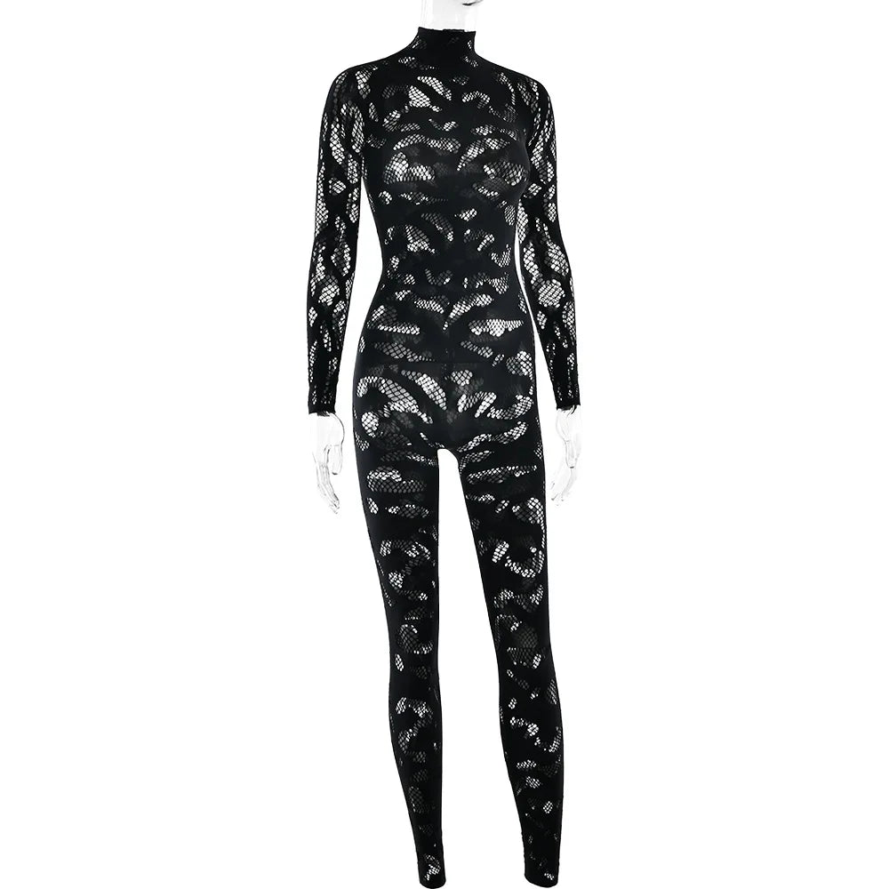 Weird Puss Irregular Hollow Jumpsuit Women Full Sleeve Button Sexy See Through Stylish Stretch Skinny Midnight Activity Overall