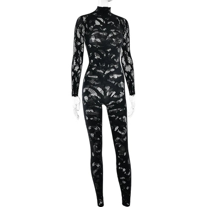 Weird Puss Irregular Hollow Jumpsuit Women Full Sleeve Button Sexy See Through Stylish Stretch Skinny Midnight Activity Overall