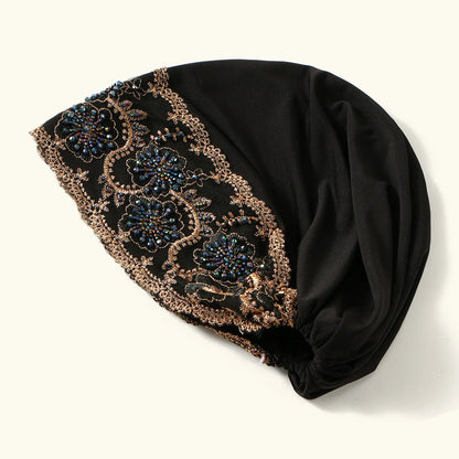 Luxury Embroidery Lace Turban Cap Muslim Women Floral Rhinestone Modal Head Cover Hat Islamic Headwear Bonnet Female Head Wraps