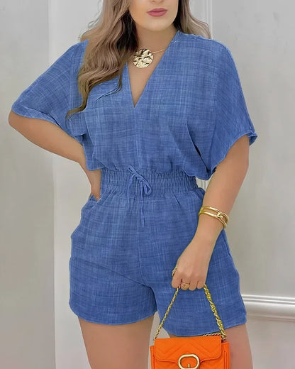 Rompers Elegant Women Short Sleeves Jumpsuits 2024 Summer Female Overalls Loose Casual Print Waist Wrapped One Piece Shorts