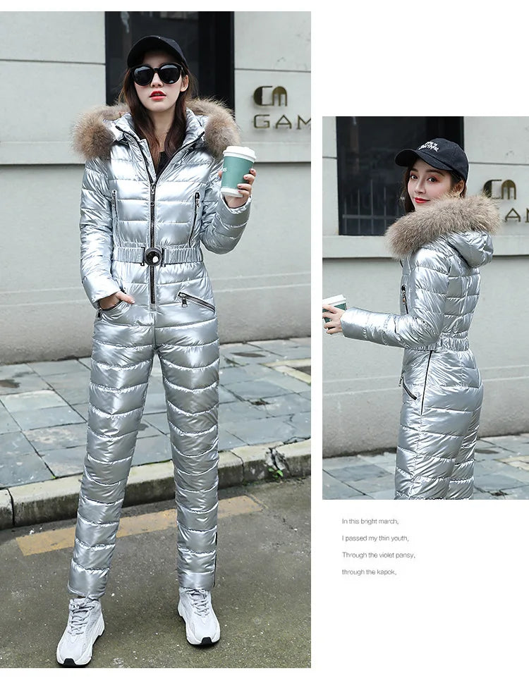 Jumpsuits One Piece Ski Suit Winter Thicken Snow Place Down Cotton Women Suits Warm Hooded Waist Slim Shiny Outdoor Sports