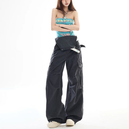 Women's Big Pocket Cargo Overalls Street Jumpsuits Straight Unisex Trousers Wide Leg Sweatpants High Waist Casual Baggy Pants