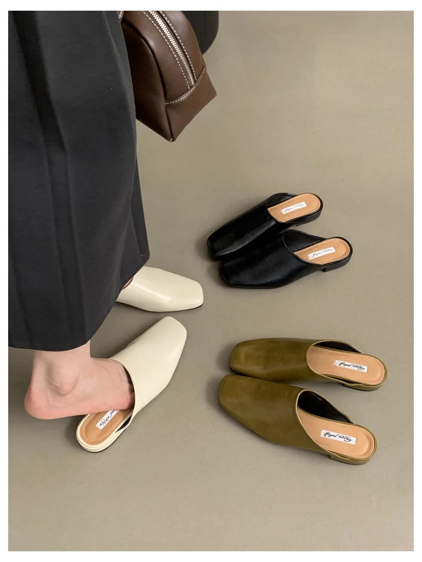 Fashion Square Toe Flat Slippers Women Casual Slip On Mule Luxury Brand Outsides Slides Elegant Pleated Ladies Shoes Sandal Flip