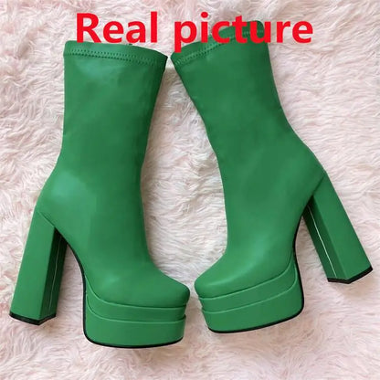 Foreign Trade Women's Shoes Fashion Super High Heels Platform Short Boots New Chunky Heel Mid-calf Boots Casual Ankle Boots CD