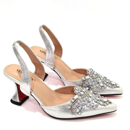 Exquisite 2024 Elegant Woman High Heels Peep Toe Shandals with Rhinestone Italian Design Shoes and Bags Set for Party