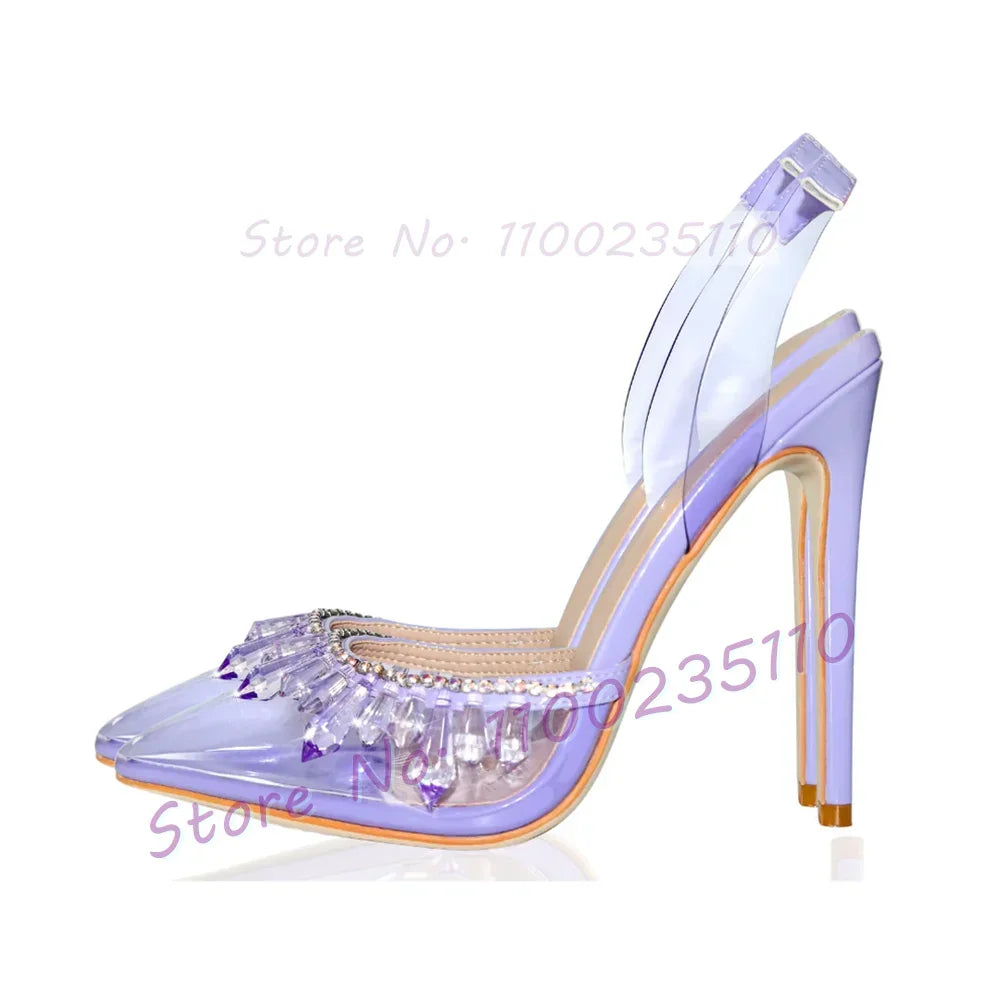 Blue Crystal Trim Elegant Satin Sandals Women Luxury Back Strap High Heels Party Shoes Ladies Summer Chic Pointy Toe Bling Pumps