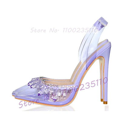 Blue Crystal Trim Elegant Satin Sandals Women Luxury Back Strap High Heels Party Shoes Ladies Summer Chic Pointy Toe Bling Pumps