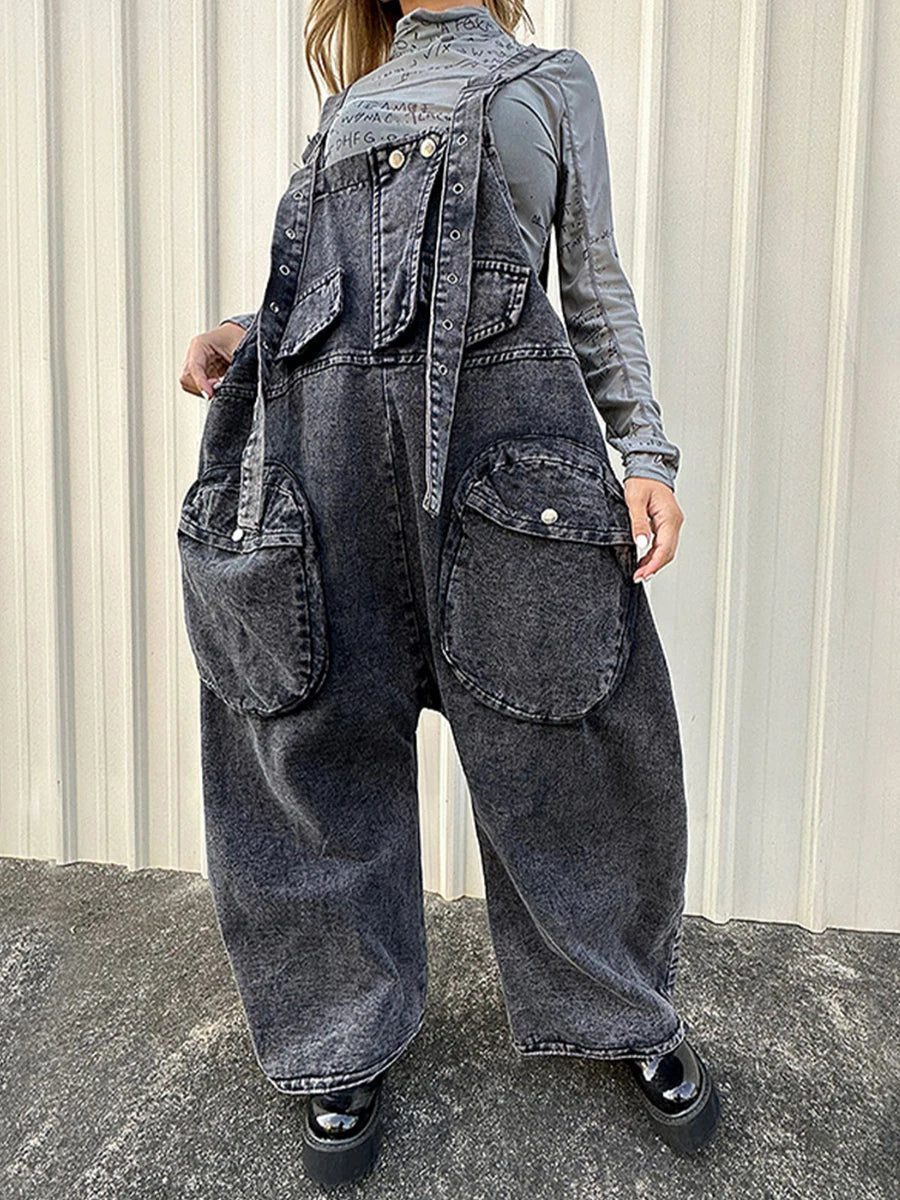 TWOTWINSTYLE Casual Denim Jumpsuit For Women Square Collar Sleeveless High Waist Patchwork Pockets Jumpsuits Female Fashion New