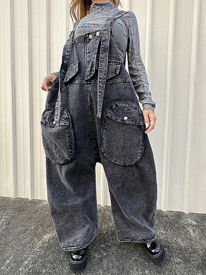 TWOTWINSTYLE Casual Denim Jumpsuit For Women Square Collar Sleeveless High Waist Patchwork Pockets Jumpsuits Female Fashion New