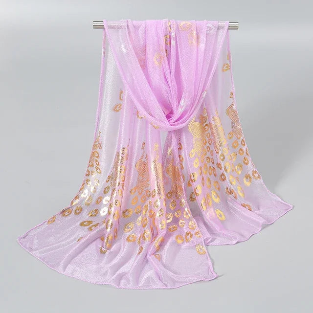 Women Glitter Thin Muffler Solid Color  Elegant Hijab Scarf Chiffon Long Scarves Gold Peacock Print Wrap Shawl Georgette Scarf