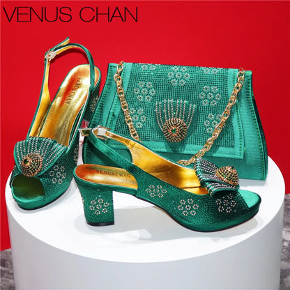 Mature Sweet Spot Good Arrival Peach Color Square Heels Peep Toe Shoes Matching Bag Set For Nigerian Women Wedding Party Pump