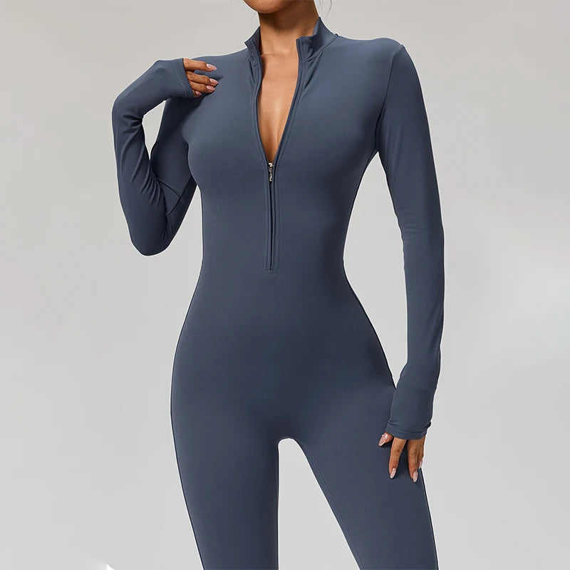TRY TO BN Women's Jumpsuit Long Sleeve Zipper Shapewear Bodysuit Yoga Fitness One Piece Tights Gym Clothing Mono Deportivo Mujer