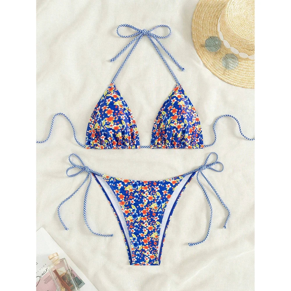 Swimsuit 2026 Female Micro Bikini Women Swimwear Summer Beachwear Women's Bathing Suit Floral Print Neck Halter Thong Bikini Set