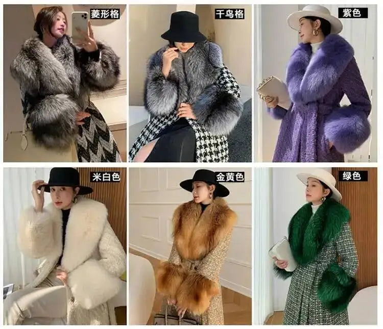 Large Size Winter Real Fur Collar Cuffs Set Neck Warmer Women Fur Shawl Furry Fluffy Fox Fur Scarf Luxury Scarves Coat Decor