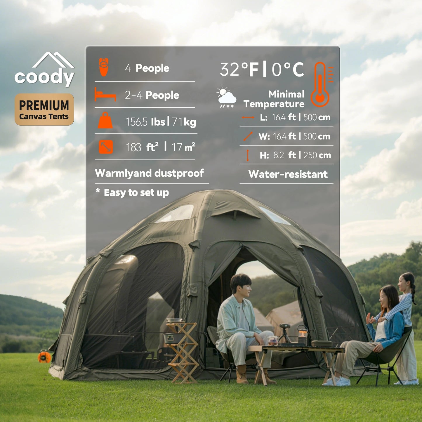 Classic Waterproof Geodesic Coody Dome Beige Inflatable Tent Family Outdoor Glamping Canopy Air House Tent