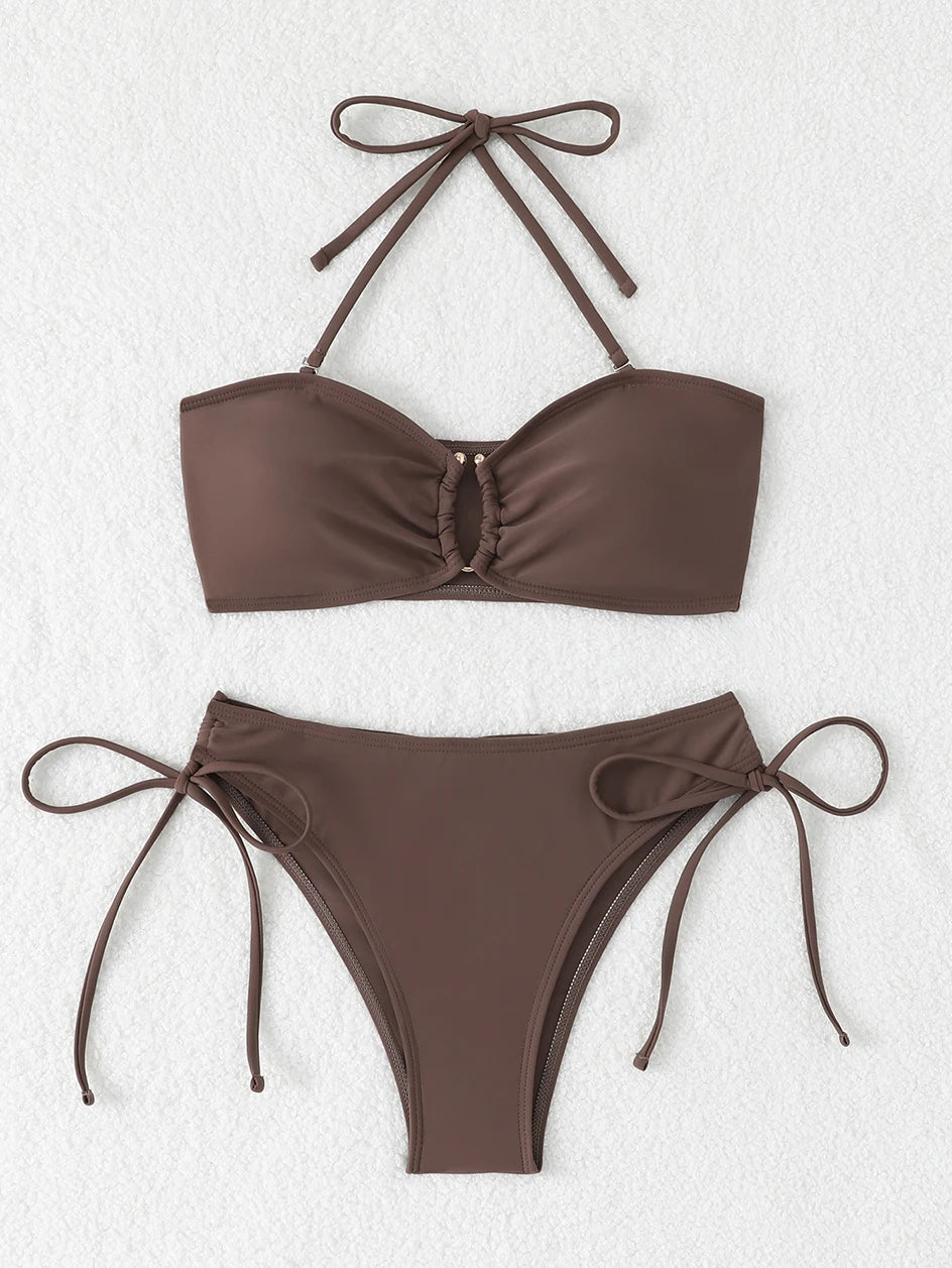 High Waist Bikini Women's Swimsuit 2026 Knotted Bathing Suits Woman Swimwear Bandeau Push Up Bikinis Sets Brazilian Beach Wear