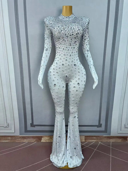 Sexy Long Sleeves Rhinestone Wide Leg Jumpsuit Women Birthday Evening Party Banquet Bodycon Rompers Plus Size Club Bodysuits