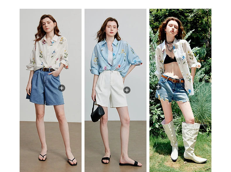 TOYOUTH Women Shirts 2026 Summer New Linen Lyocell Print Fresh Mid Length Floral Blouse Tops