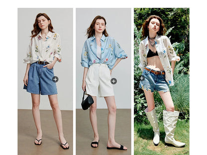 TOYOUTH Women Shirts 2026 Summer New Linen Lyocell Print Fresh Mid Length Floral Blouse Tops