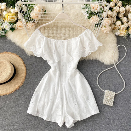 Sexy Slash Neck Women Jumpsuits 2026 New Sweet Ruffles Hollow Solid Rompers Summer Fashion Wide Leg Short Rompers