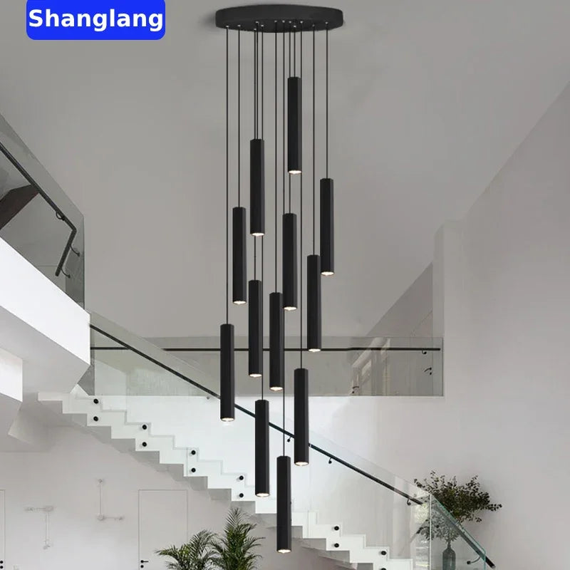 Modern LED Staircase Ceiling Chandelier Black Nordic Simple Indoor Lighting Fixture New Creative Design Island Long Hanging Lamp