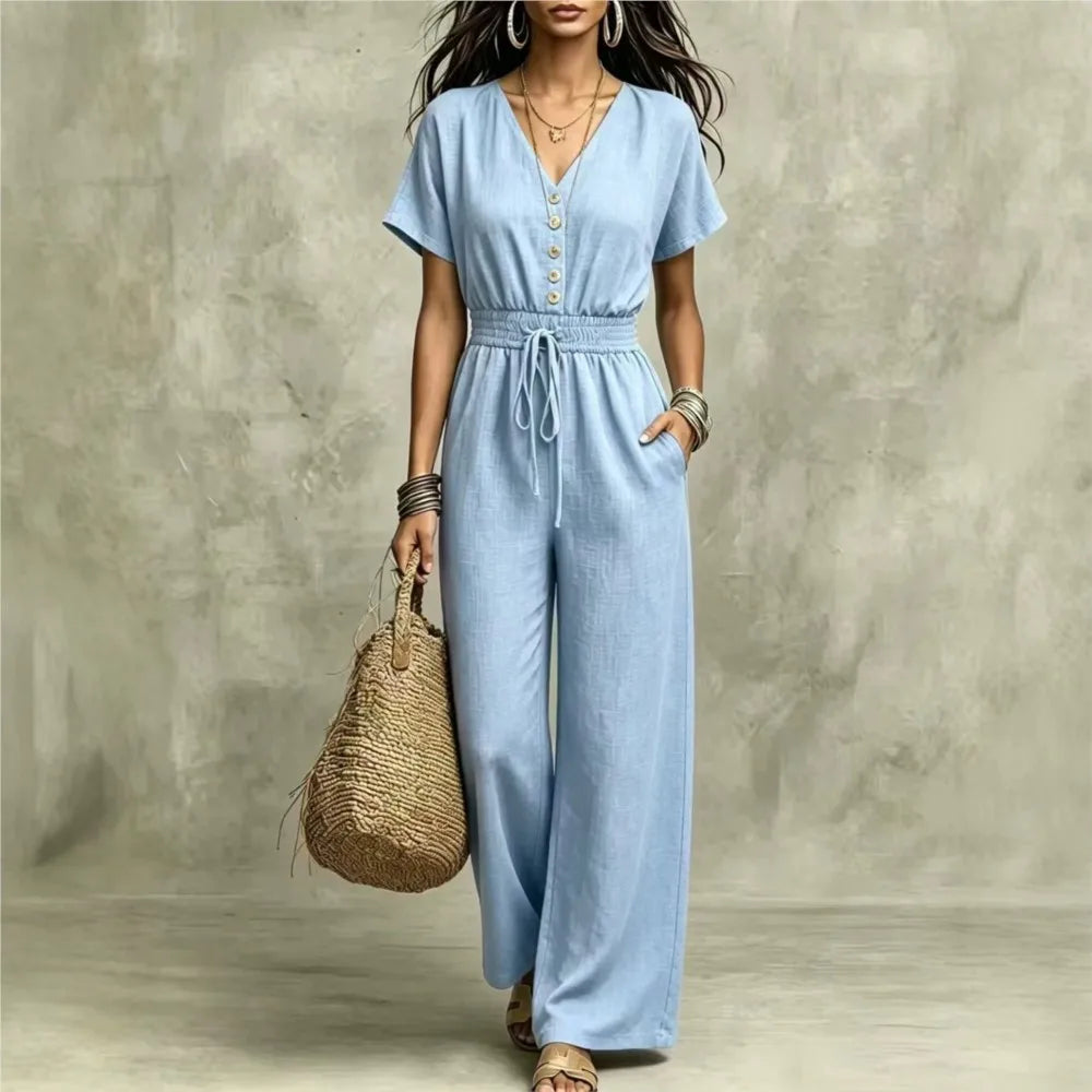 Elegant Women V-neck Buttons Jumpsuits summer solid short sleeve Drawstring wide leg Jumpsuit casual commuting Slim Rompers