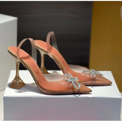 35-45 Fashion Transparent Soft PVC Women Pumps Luxury Rhinestones Bowknot Slingback High heels Spring Summer Wedding Party Shoes