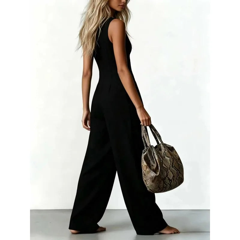 Women V Neck Spaghetti Strap Jumpsuit High Waist Pleated Wide Leg Long Pants with Pockets Casual Vacation Solid Overalls