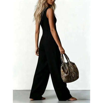 Women V Neck Spaghetti Strap Jumpsuit High Waist Pleated Wide Leg Long Pants with Pockets Casual Vacation Solid Overalls
