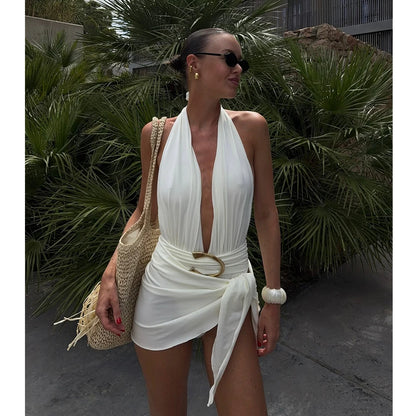 Two Pieces Micro Bikini 2026 Sexy Swimsuit Women Halter Swimwear Biquini Female Solid Bodysuit Bathing Suits Sarong Mini Skirt
