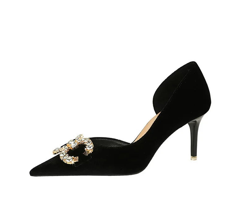 BIGTREE Party Pumps 7cm Thin High Heels Western Style Velvet Shallow Pointed Toe Side Hollow Crystal Pearl Bow Lady Shoes Pink
