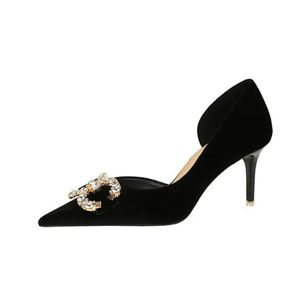 BIGTREE Party Pumps 7cm Thin High Heels Western Style Velvet Shallow Pointed Toe Side Hollow Crystal Pearl Bow Lady Shoes Pink