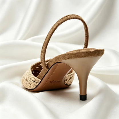 Luxury Embroidered Woven Slingback Heels for Women High-quality Faux Suede Stiletto Sandals Elegant Pointed-toe Designer Shoes