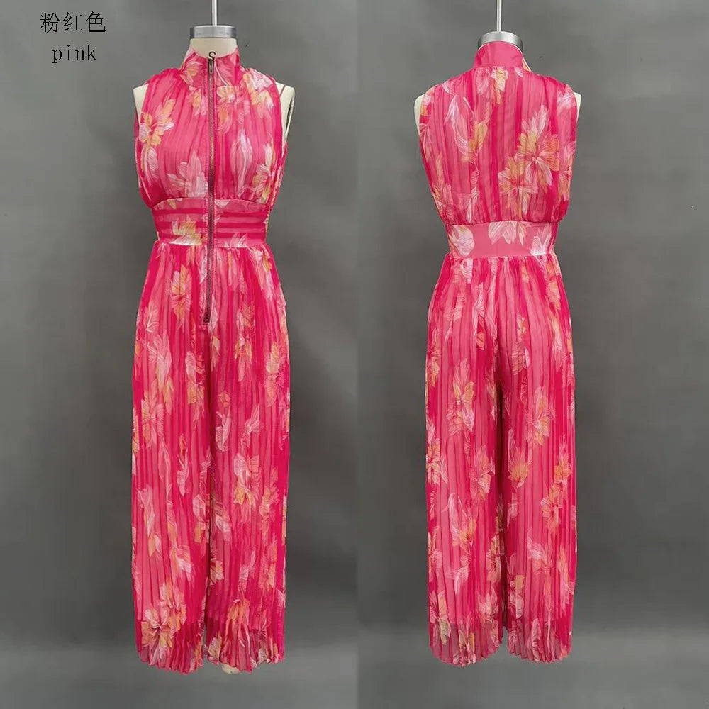 Sexy Deep V Neck Hollow Zip Jumpsuit Women's Spring Solid High Waist Wide Leg Romper Summer Sleeveless Pleated Vacation Overalls