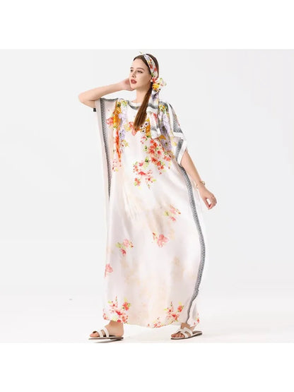 1 piece, colorful floral satin long dress, women's loose long dress, with the same color headscarf, fashionable beach robe