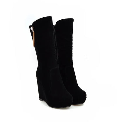 2026 Fashion Women Mid Calf Boots Round Toe Wedges 11cm Platform 3cm Decoration 42 43 Sexy Female Bota