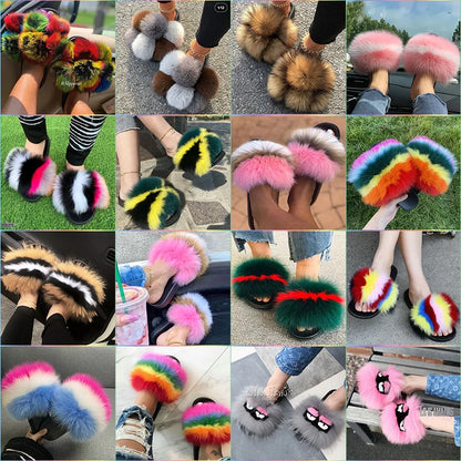 Natural Fox Fur Slippers, Fashionable Outdoor Multi-Color Animal Hair Slippers, Women's Gifts, Soft EVA Sole Slippers, On Trend