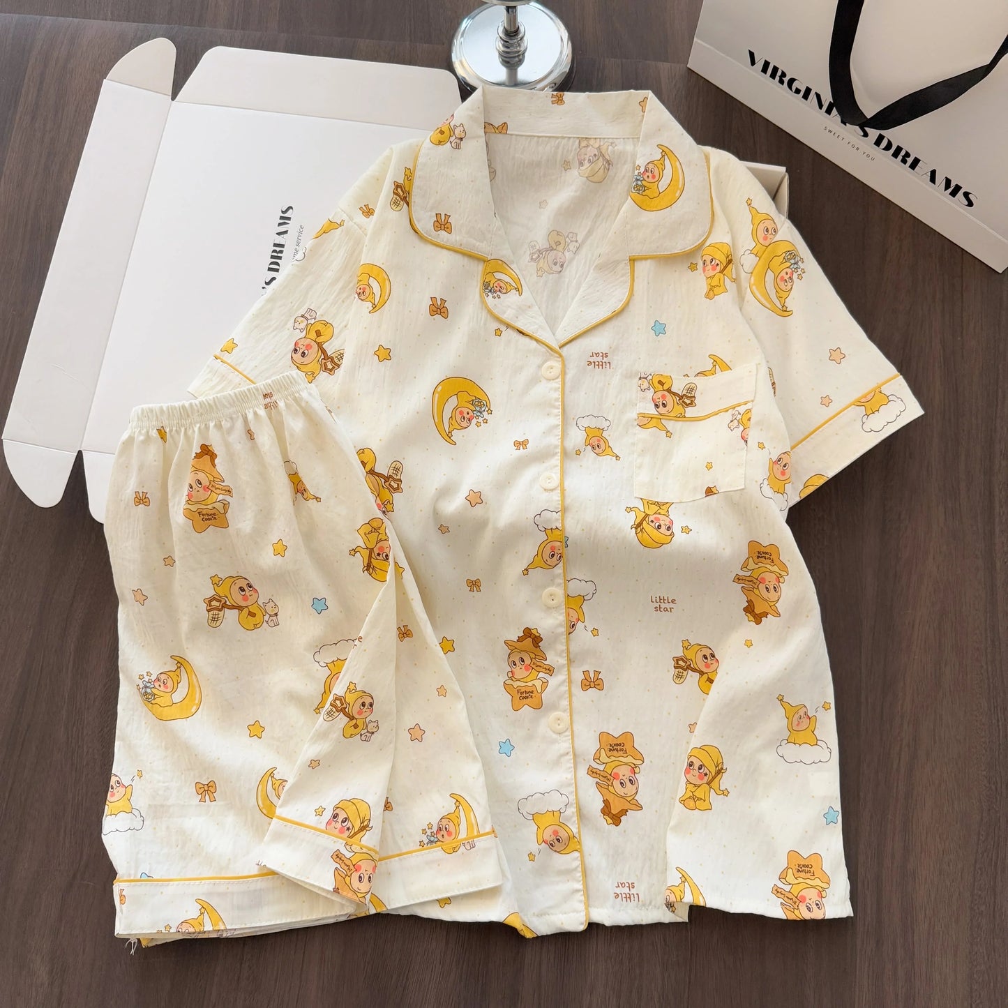 Women Summer Lapel Open Front Pajama Set Short Sleeve Top Shorts, Sweet Ins Teen Loungewear, Casual Daily Outdoor Home Wear Suit