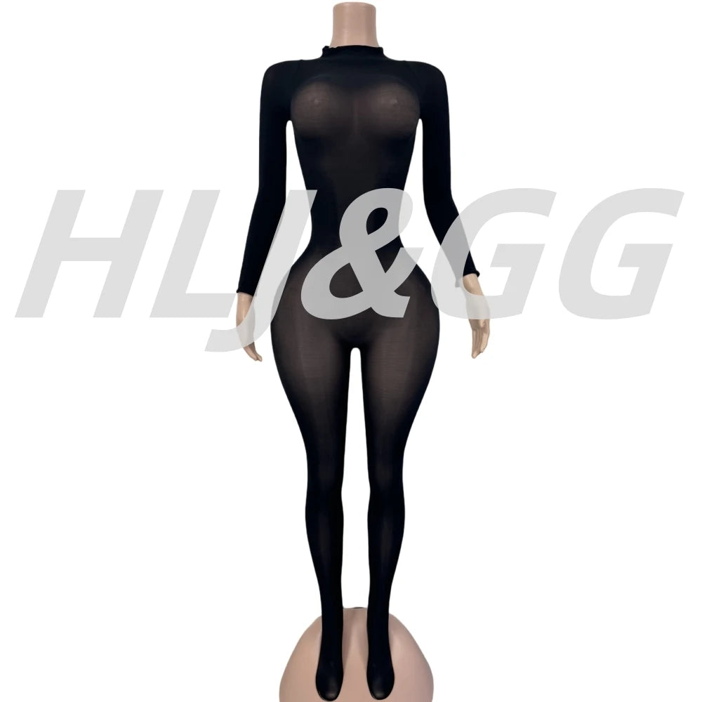 HLJ&GG Sexy Mesh See Through Bodycon One Piece Jumpsuits Women O Neck Long Sleeve Stretchy Overall Lady Party Clubwear Playsuits