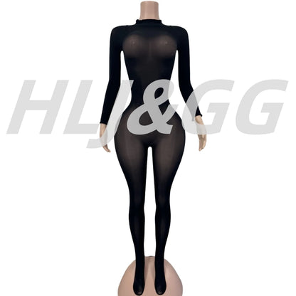 HLJ&GG Sexy Mesh See Through Bodycon One Piece Jumpsuits Women O Neck Long Sleeve Stretchy Overall Lady Party Clubwear Playsuits
