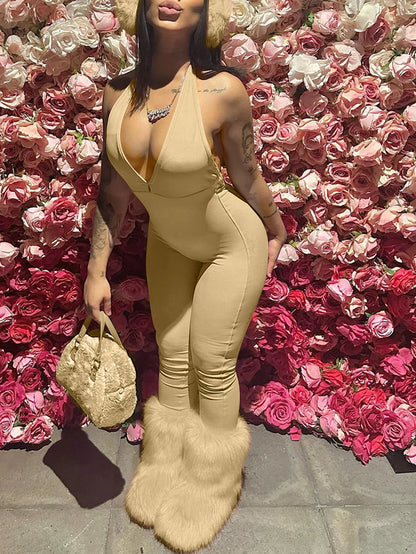 Women's solid color deep V-neck hanging neck jumpsuit sexy pleated backless slim fit jumpsuit