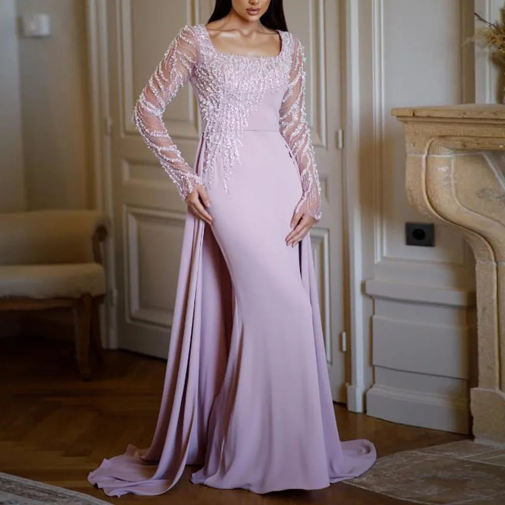 Customized Moest Square Neck Evening Dresses with Beaded Long Sleeve Mermaid Formal Gown with Detachable Train Satin Robe de